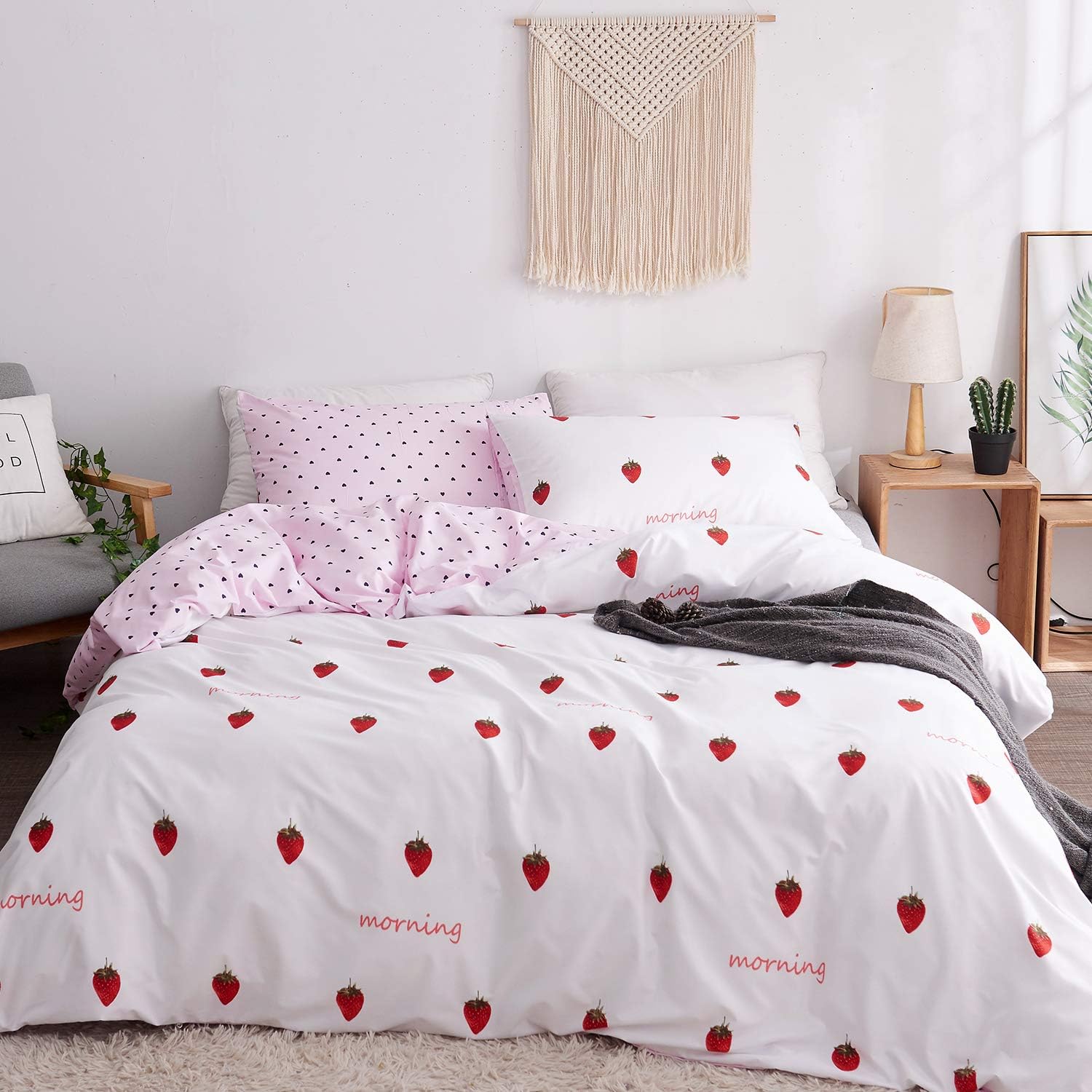 LAMEJOR Duvet Cover Sets King Size Strawberry/Heart Shaped Reversible Soft Sweet Bedding Set Comforter Cover (1 Duvet Cover+2 Pillowcases) White/Pale Pink
