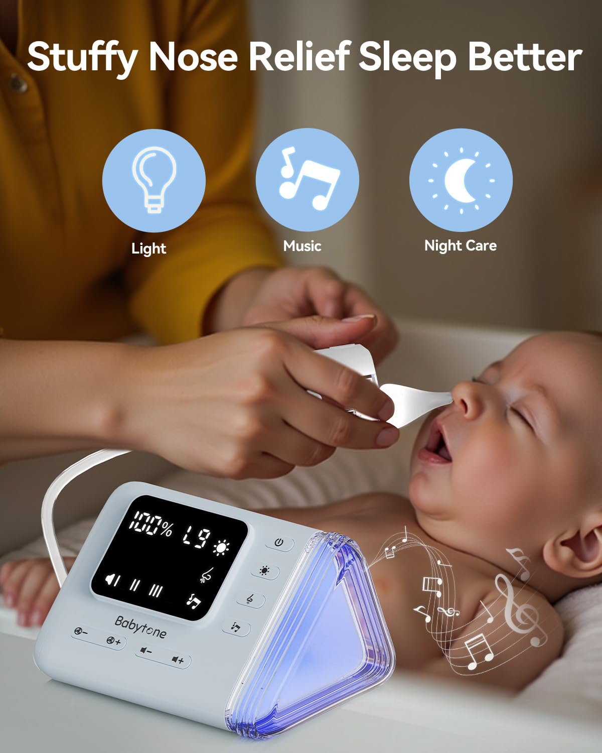 Babytone Baby Nasal Aspirator - Electric Nose Suction Hosptial-Grade, Booger Sucker for Babies,Toddler, Infant,Adult, Nose Cleaner with 3 Tips,9 Suction Levels,Music, Night Light, Integrated Storage