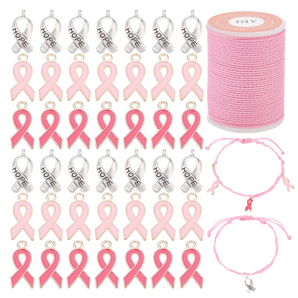 PH PandaHall 60pcs Breast Cancer Awareness Charms, Pink and Silver Ribbon Pendants Enamel Awareness Dangle Charms with Waxed Cord Hope Pendants for Women Bracelet Necklace Jewellery Making