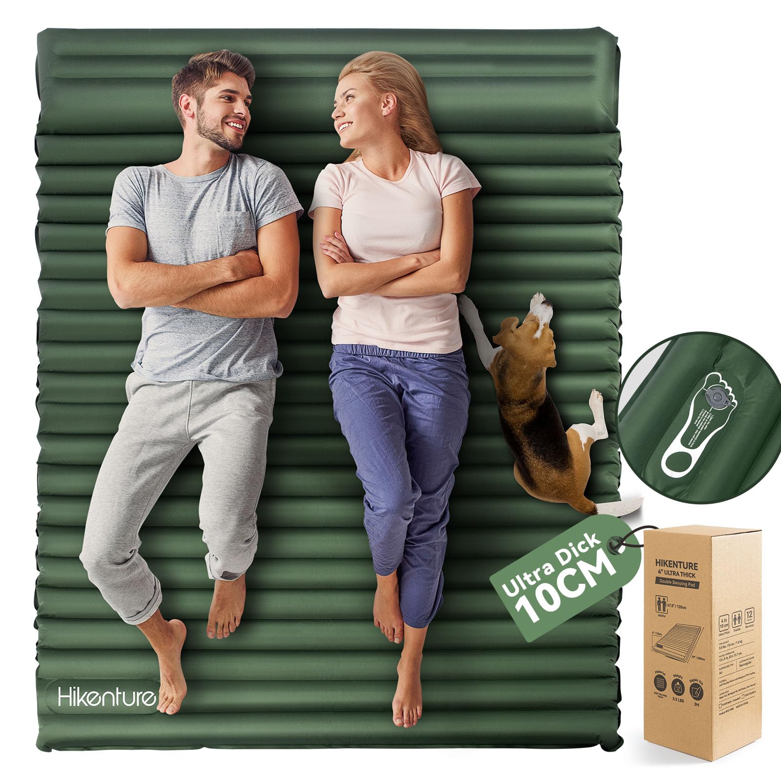 HIKENTURE Camping Mattress for 2 People with Cushion, 10 cm Double Sleeping Mat, Inflatable, Self-Inflating Camping Sleeping Mat 140 x 200 cm with Foot Pump, for Camping, Outdoor, Hiking, Beach, Green