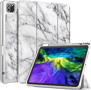 Fintie SlimShell Case with Pencil Holder for iPad Pro 11 Inch 2nd & 1st Generation 2020/2018 - [Supports 2nd Gen Pencil Charging] Soft TPU Stand Back Cover with Auto Wake/Sleep, Marble White