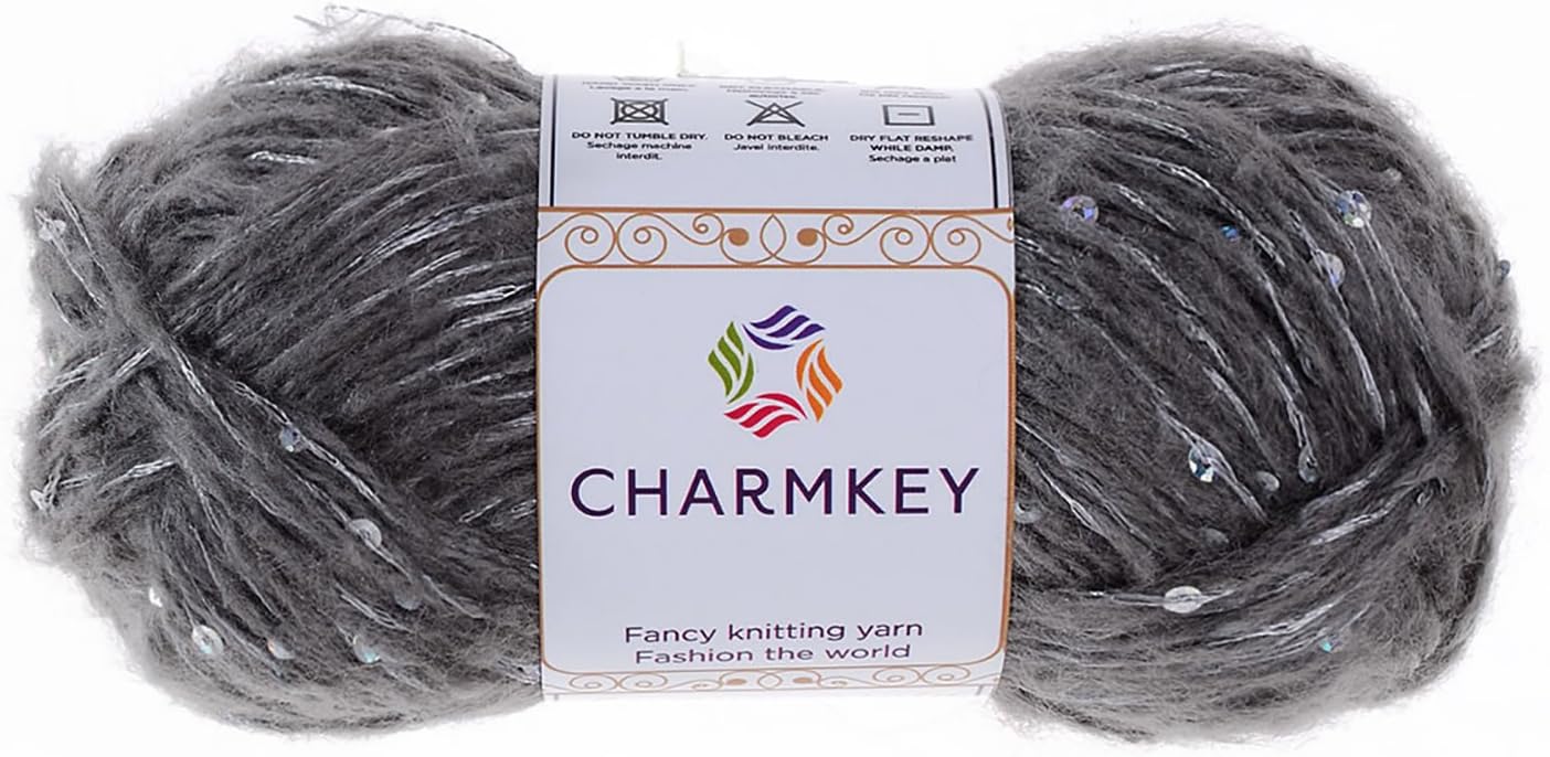 Charmkey Luxury Sequin Yarn Fluffy Soft 4 Medium Polyester Sparkle Glitter 4 Ply Worsted Acrylic Swanky Plush Metallic Thread for Sweater Shawl and Elegant Accessories, 1 Skein, 1.76 Ounc (Steel Gray)