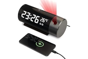 Projection Alarm Clock, Digital Clock with 180° Rotatable Projector, 4-Level Brightness Dimmer,Clear LED Display, USB Charger