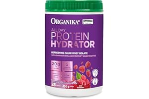 Organika Canadian-Made Protein Hydrator- Raspberry Flavour- Clear Whey Protein Isolate with Collagen, Electrolytes, and Probi