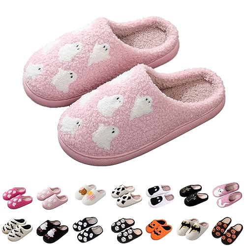 Winter Slippers Halloween Women's Fluffy Memory Foam Slip On Slippers Comfy Warm Anti-Slip House Shoes Funny Slipper Pumpkin Skeleton Bat Cat Halloween Shoes