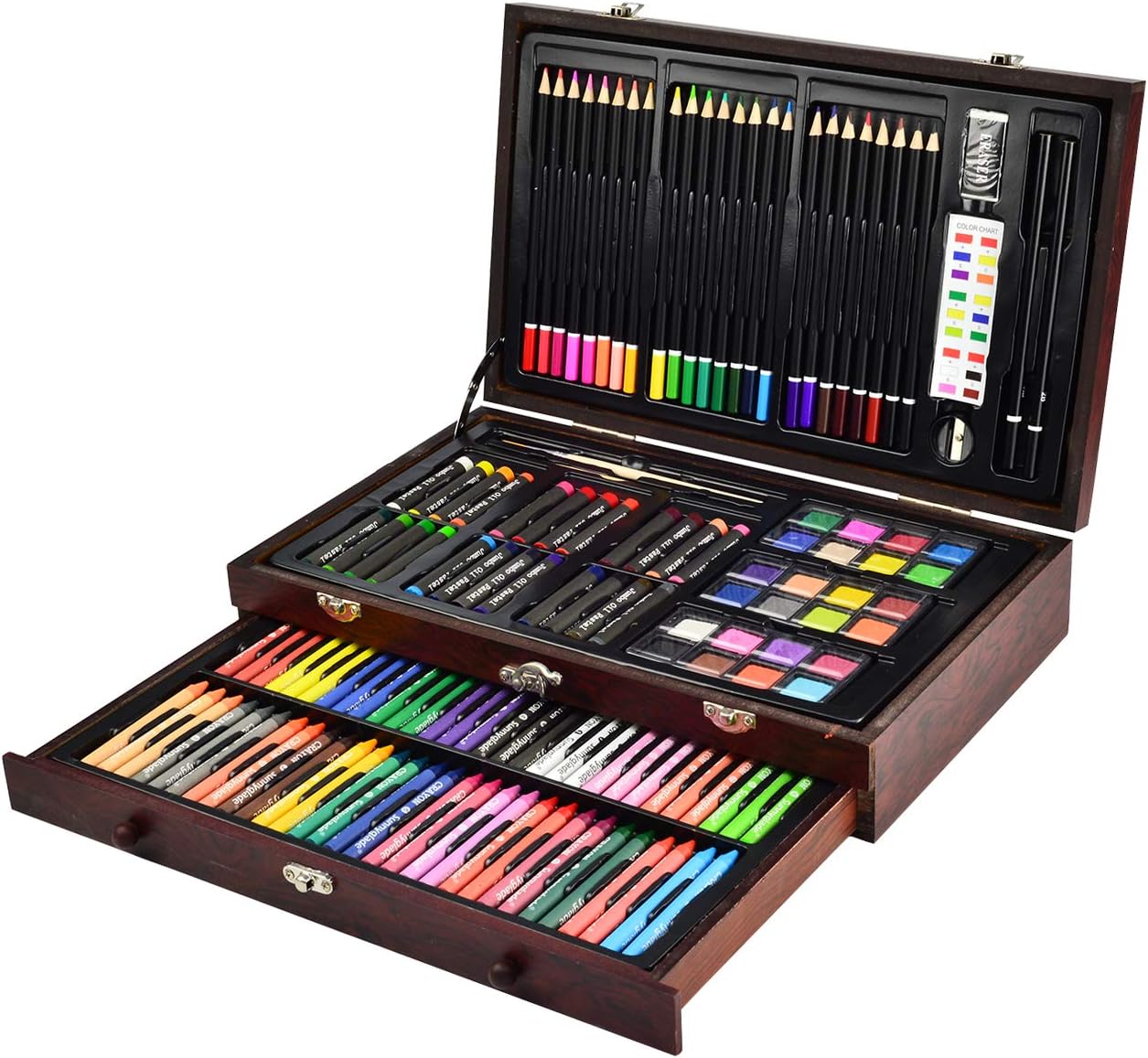 Sunnyglade 145 Piece Deluxe Art Set, Wooden Art Box & Drawing Kit with Crayons, Oil Pastels, Colored Pencils, Watercolor Cakes, Sketch Pencils, Paint Brush, Sharpener, Eraser, Color Chart