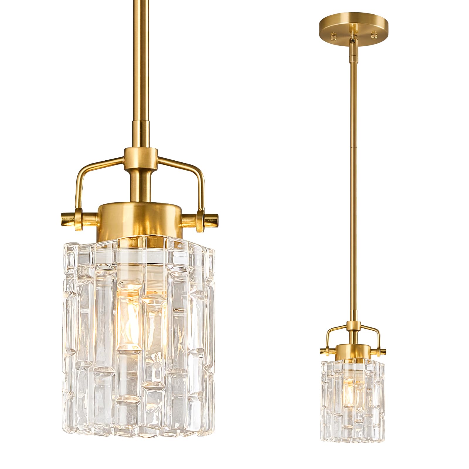 Photo 1 of FDPBY Pressed Glass Pendant Lights Kitchen Island 1 Pack Metal Rod Gold Pendant Light Modern Farmhouse Pendant Lighting for Bedroom Bathroom Hanging Light Fixtures