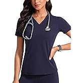 POPVIOLET Womens V-Neck Scrub Top 4-Way Soft Stretch Medical Shirts with Pocket Slim Fit Nurse Tees Breathable Workwear