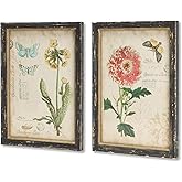 NIKKY HOME Vintage Botanical Wall Art Set of 2, Rustic Wooden Framed Floral Flower Plant Butterfly Pictures Prints Poster Dec