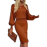 MIROL Women's Casual 2026 Long Puff Sleeve Solid Bodycon Midi Dress Ribbed Knit Oversized Pullover Sweater Dress