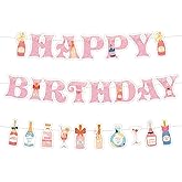 Neyeidru 21st Birthday Decorations Pink Happy Birthday Banner Champagne Wine Bottle Martini Garland for Her 21 Year Old Party Decor