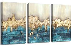 ARTISTIC PATH Blue & Gold Abstract Wall Art: Heavy Textured Hand Painted Gold Foils Artwork Painting for Living Room (Overall 48" W x 26" H, Multi-Style)