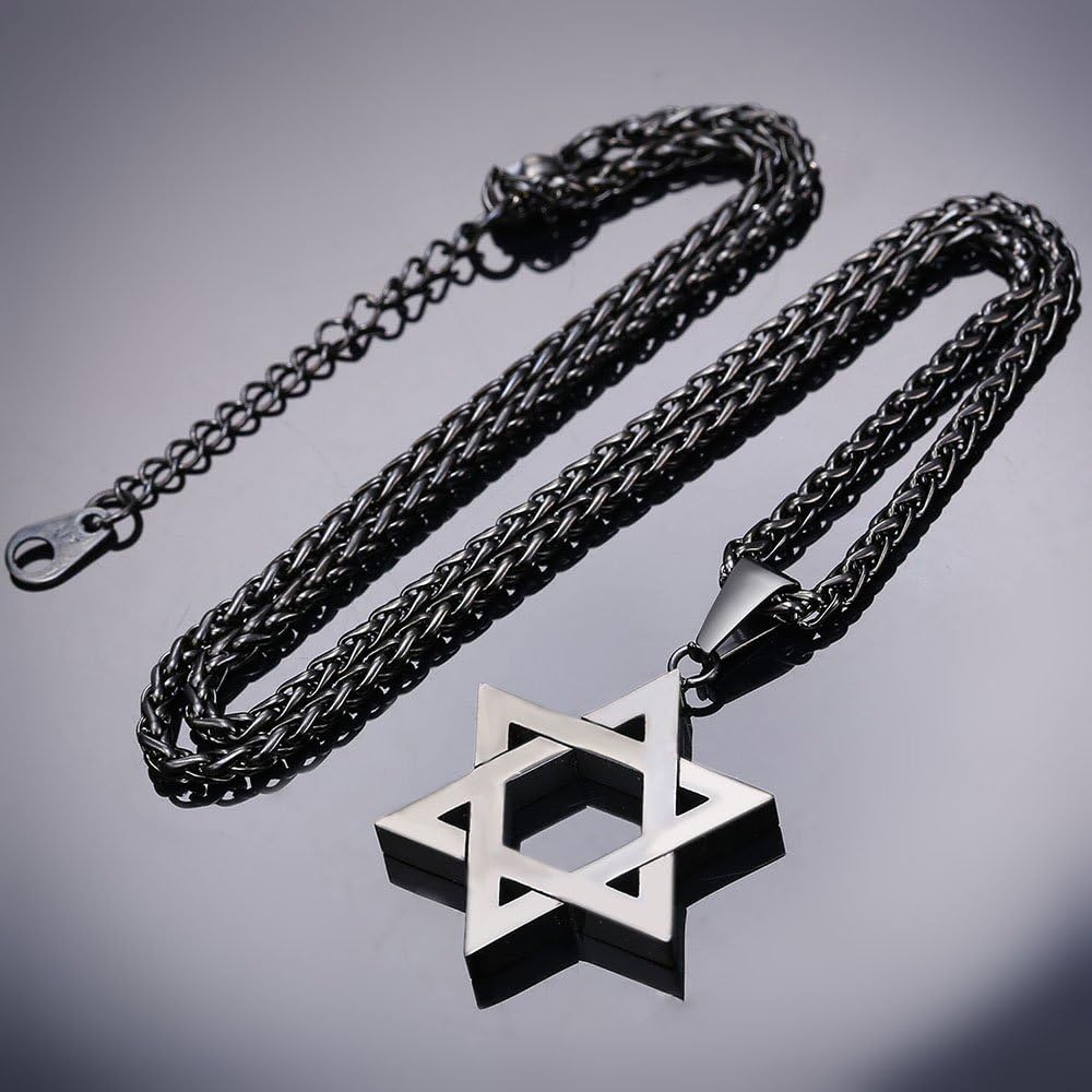 U7 David Star Necklace for Men Women Black Plated Hexagram Pendant Judaism Jewellery Wheat Chain, 01. Classic- Black Plated - Image 5