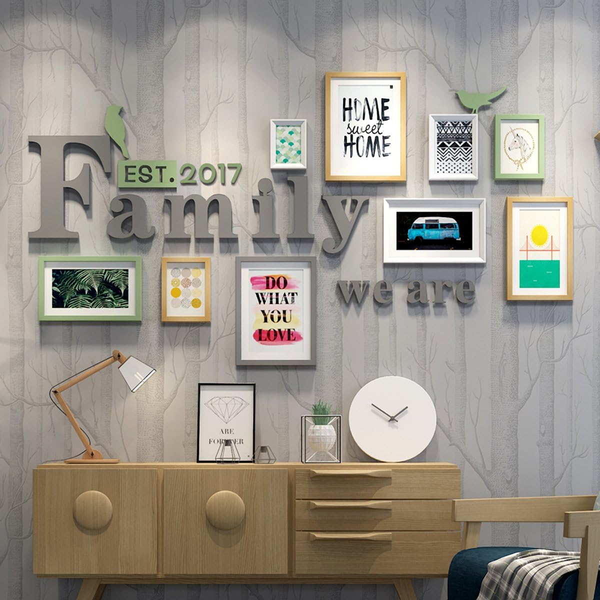 WollWoll Family Word European Living Room Bedroom Abstract Art Photo Frame Set (172 cm x 1.6 cm x 96 cm)