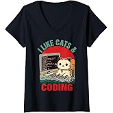Womens Coder Programmer Cat Lover Cat Dad I Like Cats &amp; Coding V-Neck T-Shirt