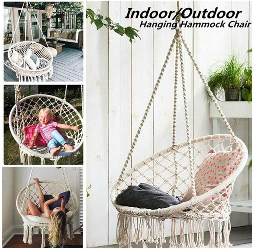 Beautly Hammock Chair Macrame Swing with Hanging Kits, Hanging Cotton Rope Swing Chair, Comfortable Sturdy Hanging Chairs for Indoor, Outdoor, Home, Patio, Yard, Garden, 330LBS Capacity (White)