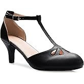 Olivia K Women's Kitten Low Heels T-Strap Pumps - Adorable Vintage Retro Shoes with T Strap - Unique Upper Cut Out Design
