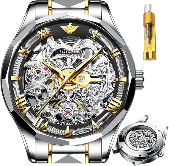 Amazon Co Jp スイスブランド 自動腕時計 スケルトン メンズ 日本製ムーブメント レザーストラップ 自動巻き 防水 機械式腕時計 男性へのギフトに ツートーン ブラックの文字盤 Wrist Watches