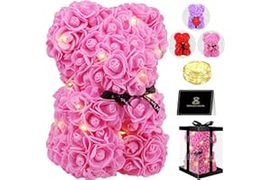Otlonpe Rose Flower Bear 10 Inch,Cute Christmas Birthday Gifts for Women Mom Wife Girlfriend Daughter Sister,Led Light Up Rose Bear in Gifts Box,Women Gifts for Christmas Anniversary Holiday (Pink)