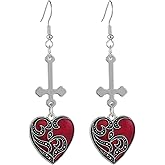 Gothic Heart Cross Dangle Drop Earrings Red Black Bat Heart Cross Earrings Retro Vampire Jewelry Goth Earring Birthday Christmas Halloween Costume Jewelry for Women