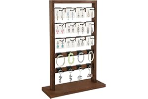 Fumingpal Earring Display Stands, Wooden Jewelry Display Rack with 20 Removable Hooks | 20 Earring Cards, 5-Tier Jewelry Organizer for Earring Cards, Necklaces, Bracelets, Keychains(Brown)
