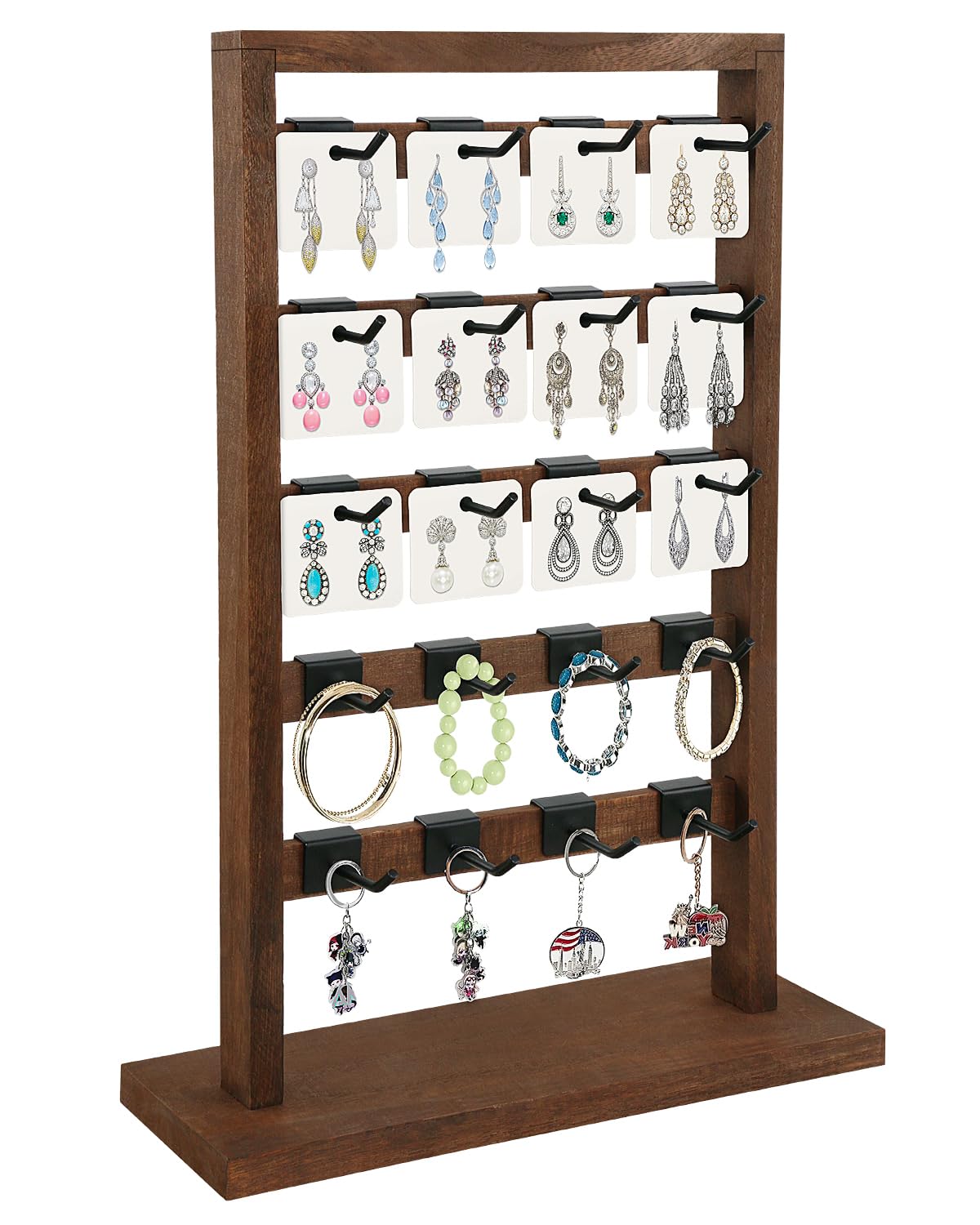 Photo 1 of Fumingpal Earring Display Stands, Wooden Jewelry Display Rack with 20 Removable Hooks | 20 Earring Cards, 5-Tier Jewelry Organizer for Earring Cards, Necklaces, Bracelets, Keychains(Brown)