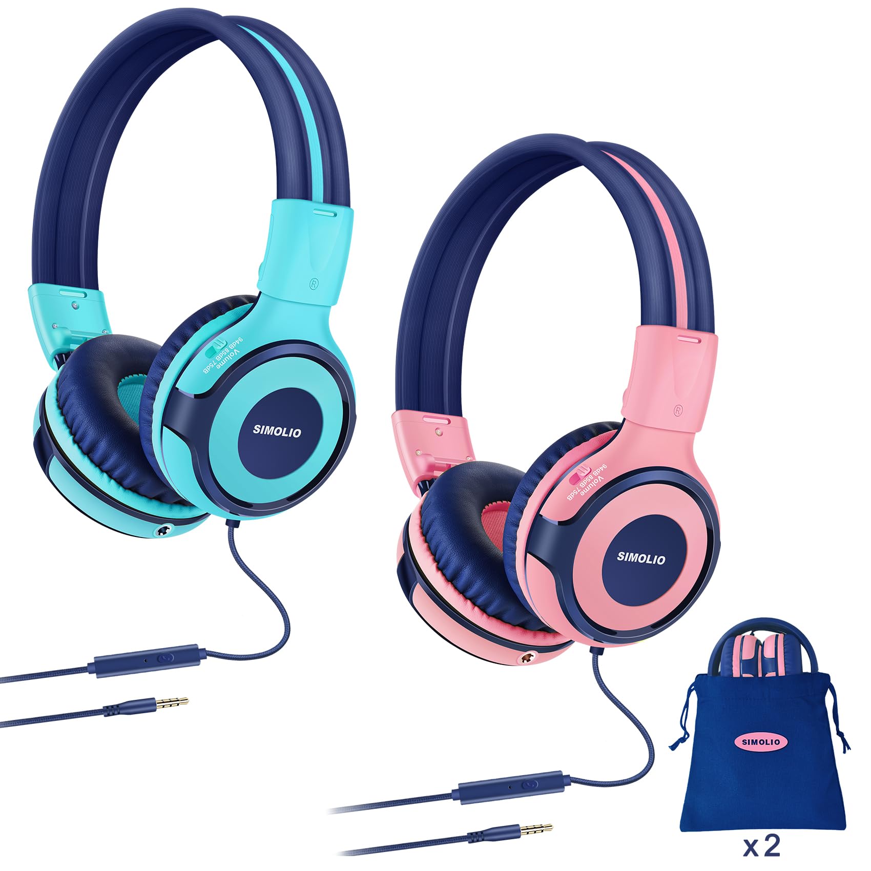 2 Pack of SIMOLIO Kids Headphones with Safe Volume, Microphone, Share Port, On-Ear Headphones for Girls Boys Childrens, Adjustable & Foldable Travel Headsets with Pouch for Plane (Mint,Pink)