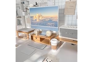 ROCDEER Dual Monitor Stand Riser with Drawer for Desk Laptop Desk Shelf with Adjustable Length and Angle, Bamboo Computer Stand Riser for 2 or 3 Monitors Screen Laptop PC TV -Natural