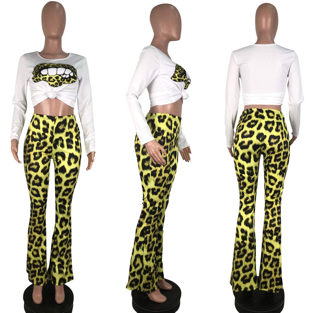 Women Sexy 2 Piece Sets - Casual Jumpsuits Leopard Outfits Long Sleeve Shirt Pant Yellow 2XL