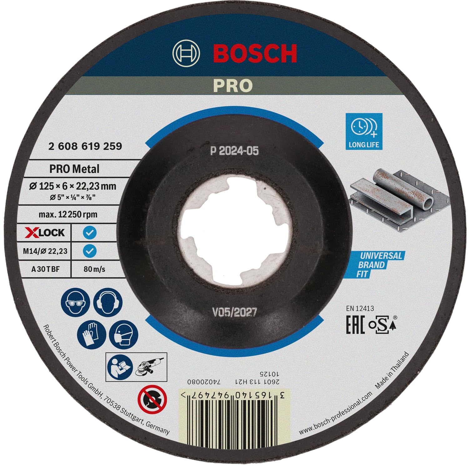 Bosch 1x PRO Metal Longlife Grinding Disc for Small Angle Grinder and X-Lock, M14/22.23mm (for Steel, Ø 125 mm, Professional Accessory Small Angle Grinder)