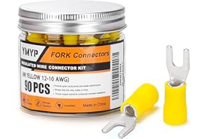 YMYP 90PCS Fork Wire Connectors Insulated - Yellow 12-10 AWG M4 Stud Size #8 - U-Type Tinned Copper Spade Electrical Crimp PVC Terminals