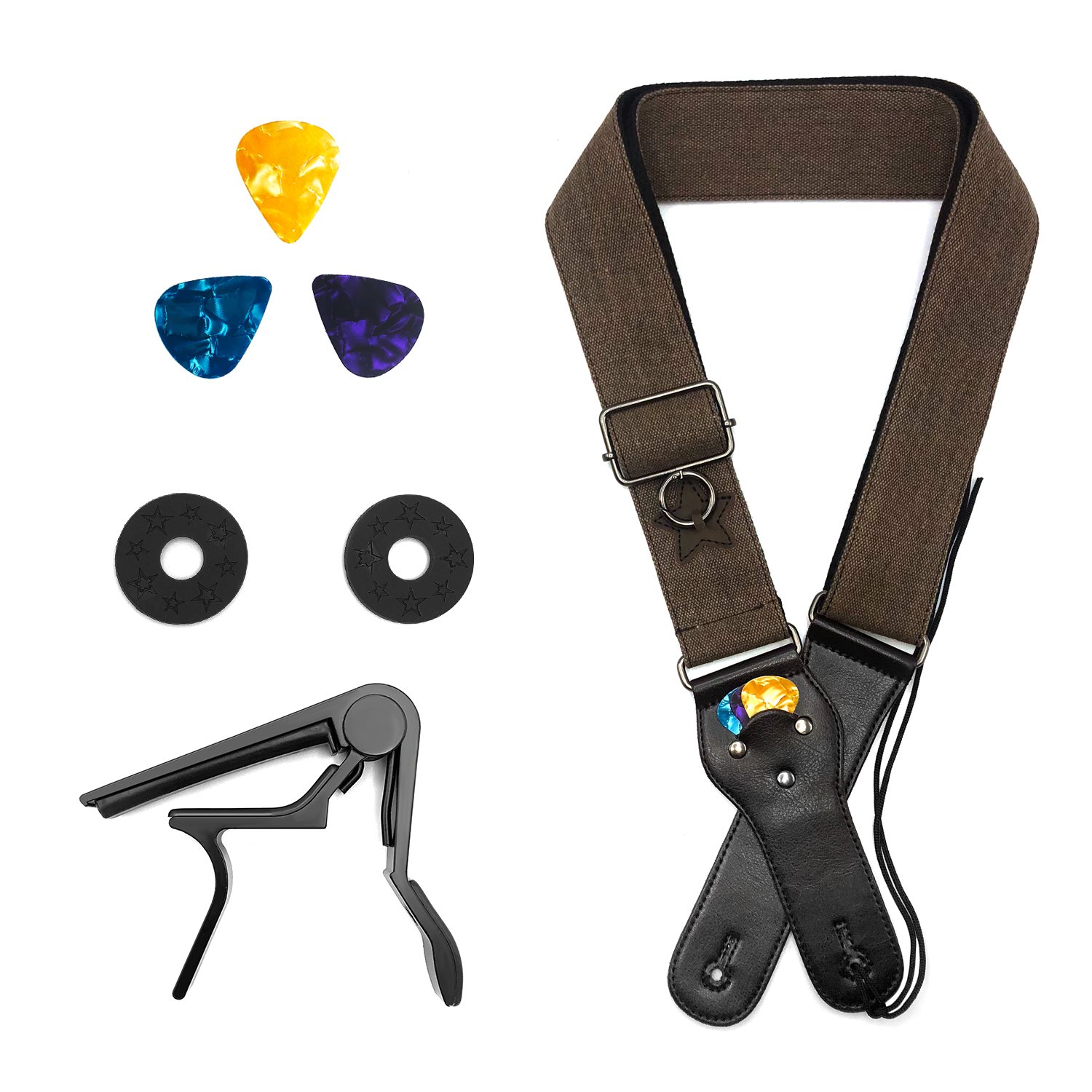 Kormest Adjustable Guitar Straps Acoustic - Denim Style With Leather Ends for Electric Bass Ukulele Including Guitar Capo+Safety Locks+Picks (Coffee,2\'\')