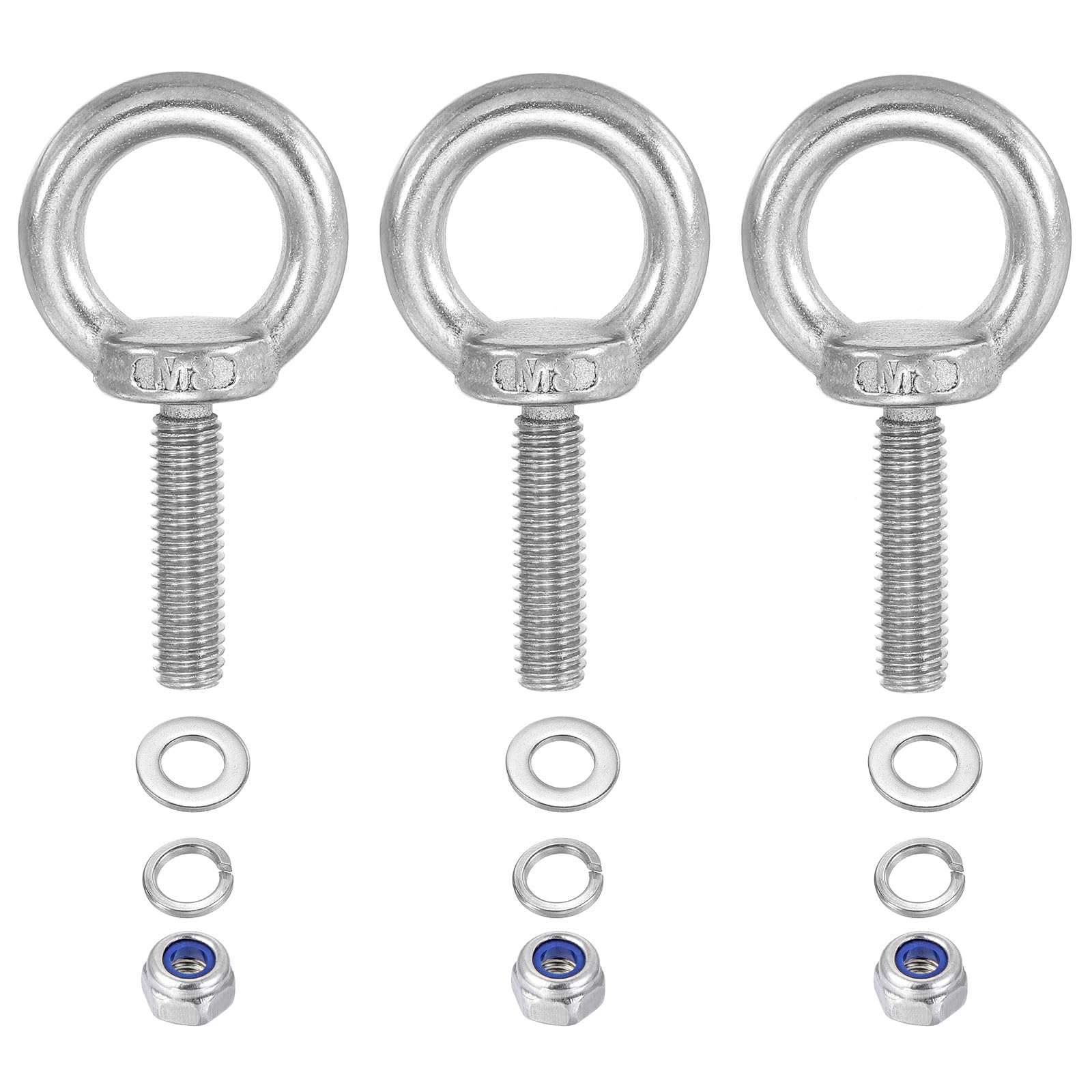 PATIKIL M8 x 30mm Lifting Shoulder Eye Bolt, 3Pcs 304 Stainless Steel Lifting Ring Threaded Eyebolt with Nuts Washers for Hanging Hammocks Articles