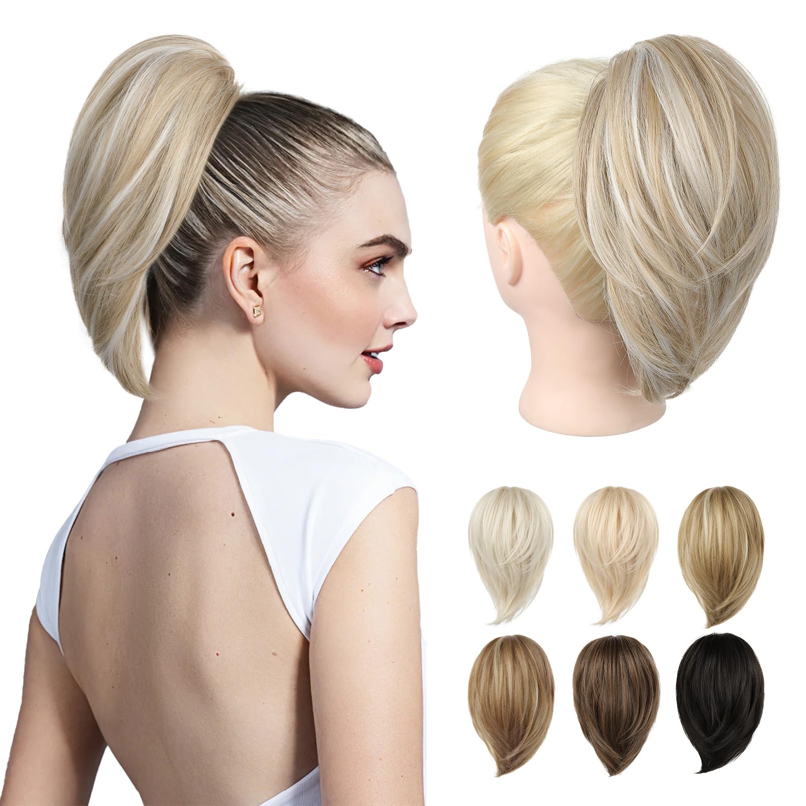 REECHO Ponytail Extension，Claw Clip Hair Bun Hair Piece Short Straight Ponytail Hair Extensions Messy Hair Bun Natural Synthetic Fake Ponytail Hair Pieces for Women- Ash Blonde with Highlights
