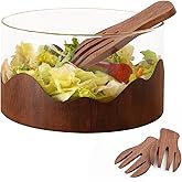YUHFERA Wooden Salad Bowl Set - with Walnut Wooden Salad Tongs for Serving, Decorative Glass Light Meal Bowl with Serving Utensils, Elegant Salad Serving Bowl with Servers
