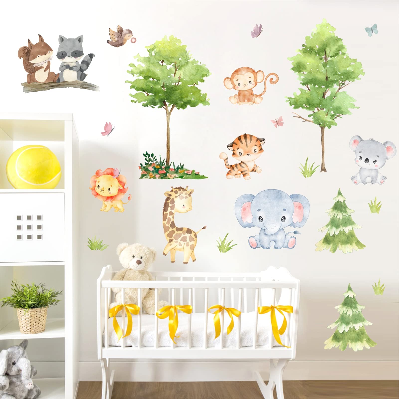 Safari Wall Stickers Baby Wall Decals for Nursery Jungle Animal Tree Wall Sticker Removable Elephant Monkey Wall Art Mural Cartoon Animal Wall Decal for Kids Girls Boys Room Living Room Playroom Decor