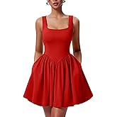 YMDUCH Women's Summer Sleeveless Square Neck A-line Ruffle Hem Mini Tank Dress with Pockets