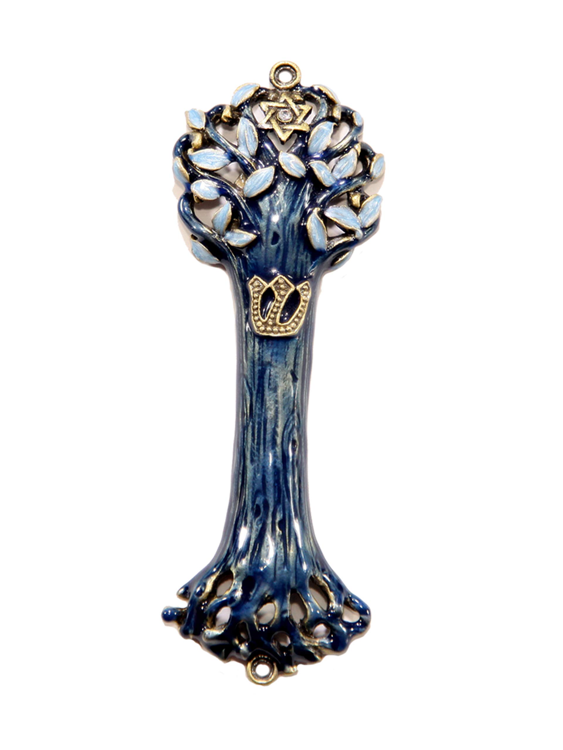 Bless This House with Tree of Life Mezuzah Case, Wooden Texture Design, Crafted with David Star for The Jewish Homes, Blue Indigo Color