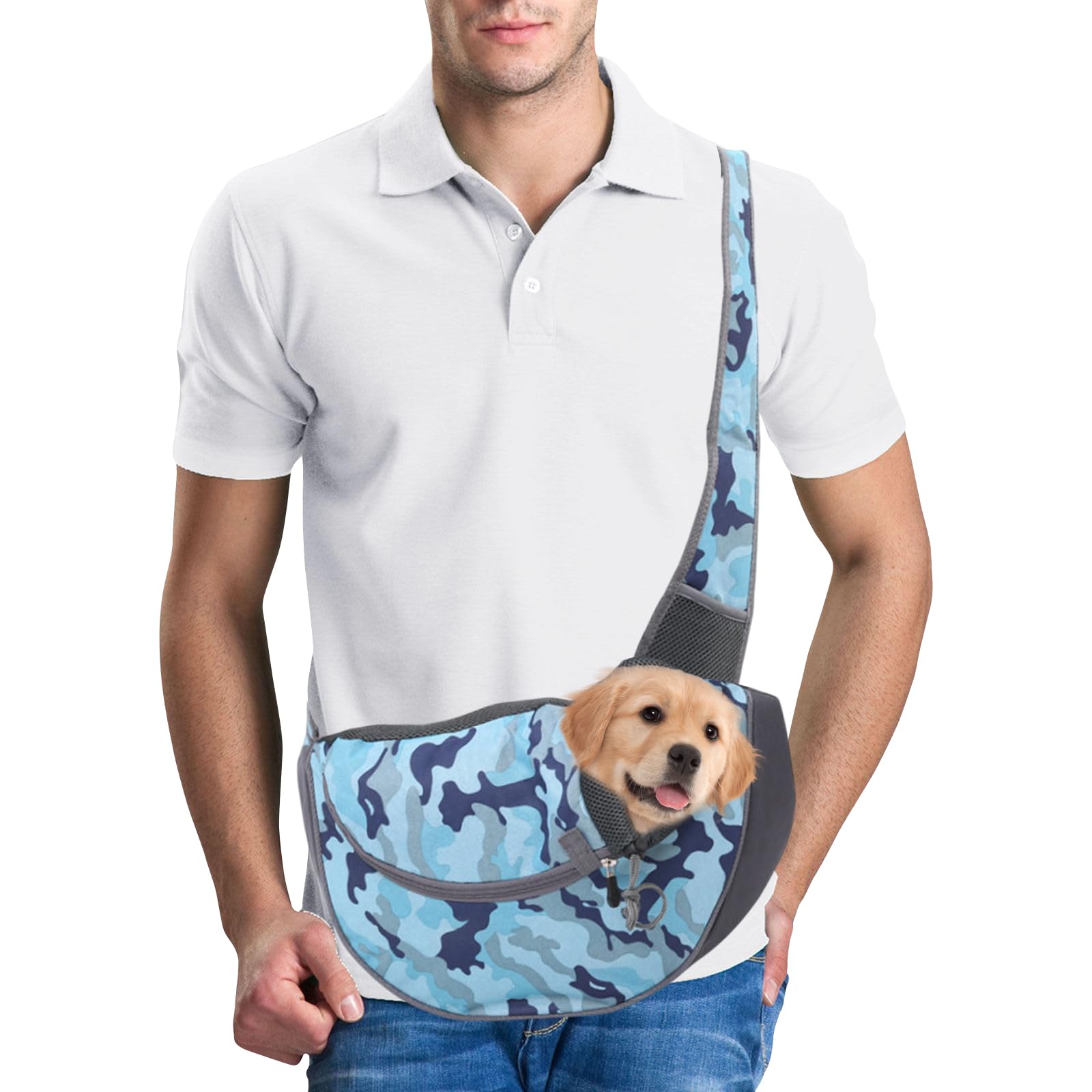 PETCUTE Pet Sling Carrier,Hands-free Small Pet Pouch Bag,Breathable Cat Dog Carrier Bag,Front Pocket,Shoulder Tote Bag for Small Animals,Dog,Cat,Outdoor Travel,Walking,Hiking,Blue,S