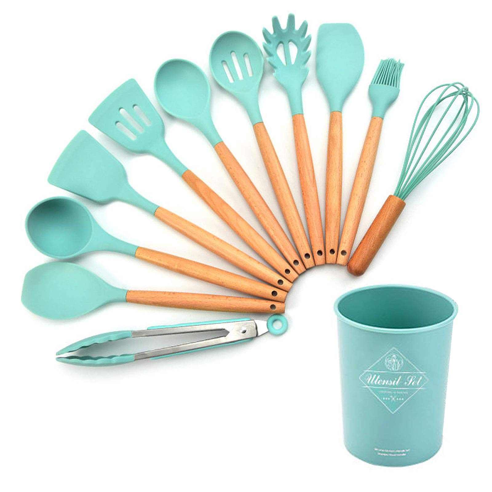 VanderHome Kitchen Utensil 11 Pcs Set Silicone Cooking Baking Set Hard Wood Handle Spatulas and Spoons Set, Light Blue