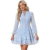 Allegra K Women's Fall Dresses 2025 Tie V Neck Semi Sheer Long Sleeve Layered Tiered Chiffon Mini Floral Dress