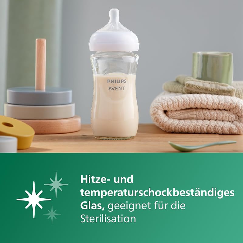 AVENT Natural Response Glas-Geschenkset für Neugeborene – 3 x 120 ml und 2 x 240 ml Babyflaschen, 2 x ultra soft Schnuller 0–6 Monate, Flaschenbürste, BPA-frei (Modell SCD879/11)