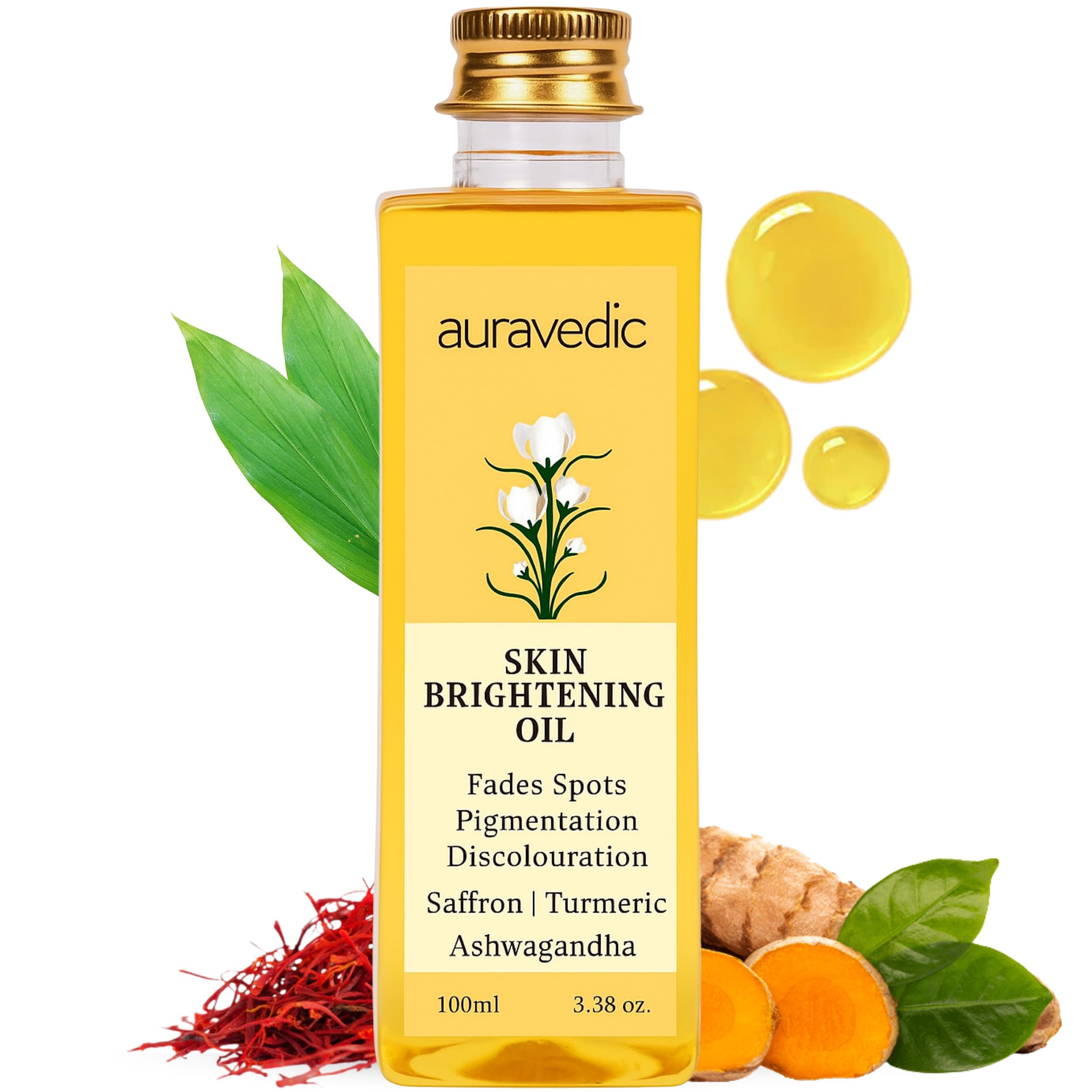 Auravedic Turmeric Face Oil | Saffron & Ashwagandha Ayurvedic Glow Oil for Dull & Uneven Looking Skin | Nourishing Face Massage Oil for Radiant Skin | 100ml (Pack of 1)