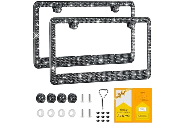 FIISFIIS Bling License Plate Frame for Women,2 Pack Premium Stainless Steel Rhinestone License Plate Holder,Handmade Glitter Crystal Diamond Girl Lincense Plate Tag Cover,Bedazzled Sparkly-Black