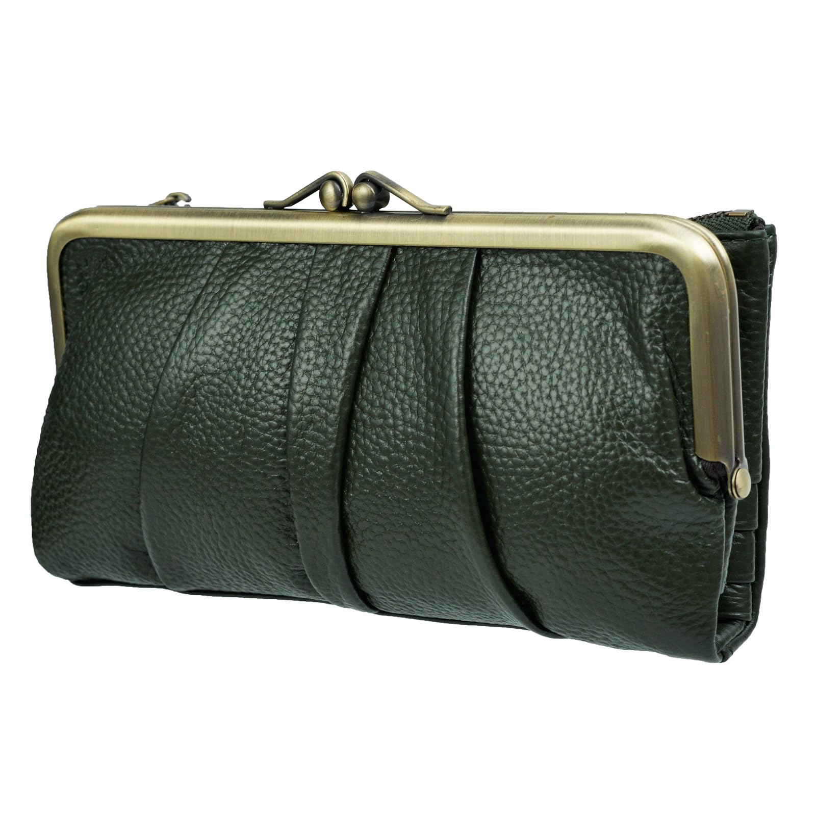 EASTNIGHTS Soft Leather Wallets for Women Compact Bifold RFID Clutch Wallet Ladies Coin Purse with Zipper and Kiss Lock, Green, L, Leather Women Wallet Long