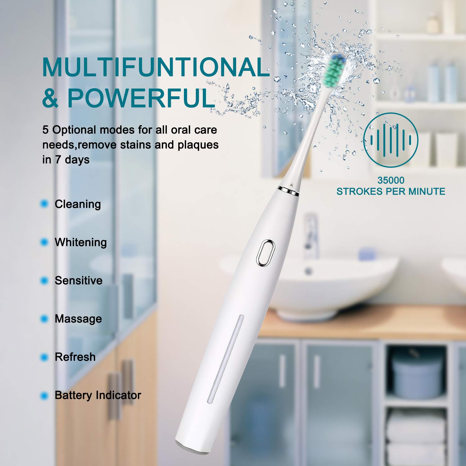 2 Sonic Electric Toothbrushes 5 Modes 6 Brush Heads Powered Toothbrush 4 Hours Charge Minimum Use 30 Days, Built-in Smart Timer USB Rechargeable Toothbrushes for Couple & Families(1 Black and 1 White)