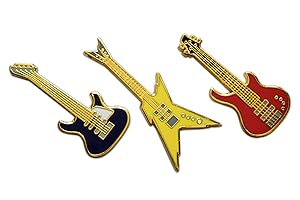 3-Piece Electric Guitar Gold Flying V Red & Blue Stratocaster Lapel Pin or Hat Pin & Tie Tack Set with Clutch Back by Novel Merk