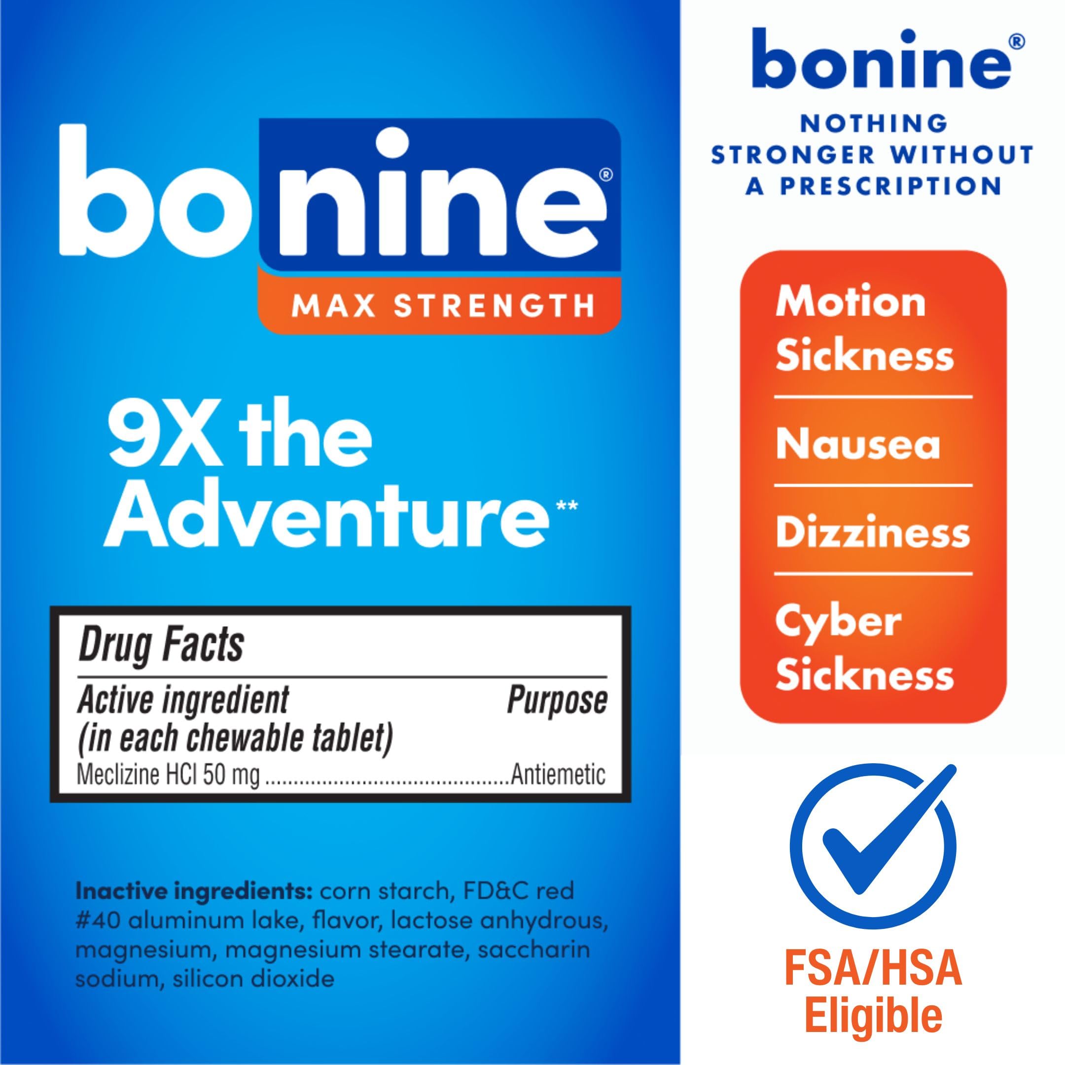 Bonine MAX Chewable for Motion Sickness Relief - with Meclizine HCL 50mg - Max Strength Formula to Treat Nausea or Motion Sickness - Cruise Essentials - Peppermint - 16 Chewable Tablets
