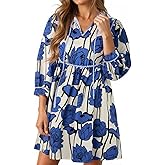 Cicy Bell Womens Floral Mini Dresses 3/4 Balloon Sleeve V Neck Flowy Babydoll Dress Summer Beach Vacation Boho Outfits Navy