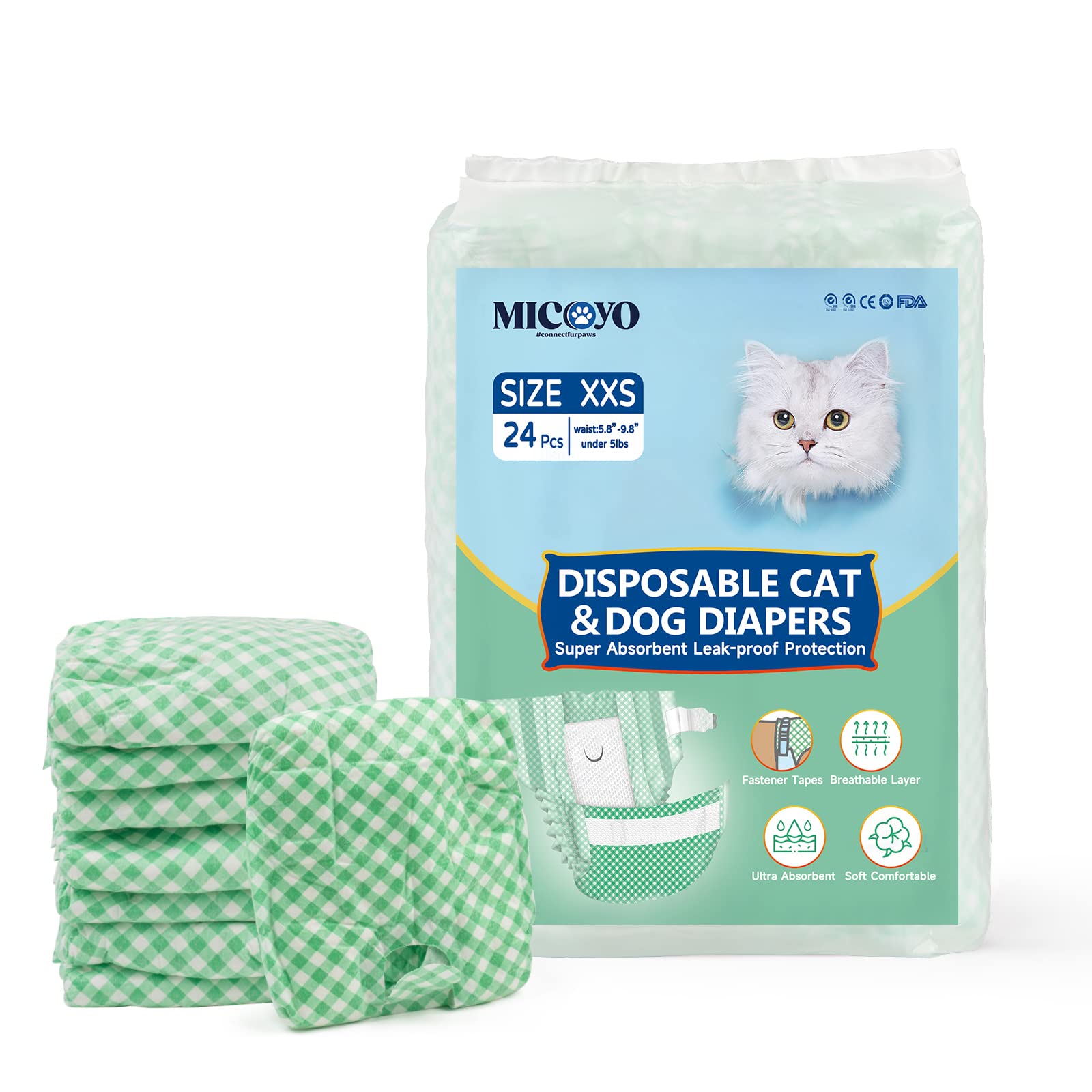 MICOOYO Puppy Cat Nappies Disposable, Super Absorbent Cat Diapers, Small Dog Nappies Female, Adjustable Waist, Leak-Proof Diapers for Cats in Heat, Incontinence,24 Pcs(Green, XXS)